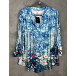 AMCLOS Tunic Top Women's Plus 3XL Blue Floral 3/4 Long Sleeve Whimsical NWT